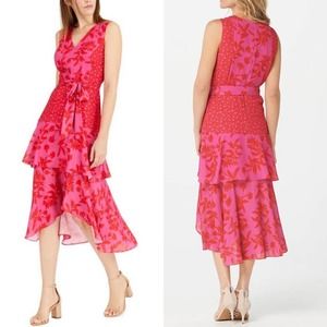 Sam Edelman Pink Mixed Floral Sleeveless Tiered Midi Dress 0